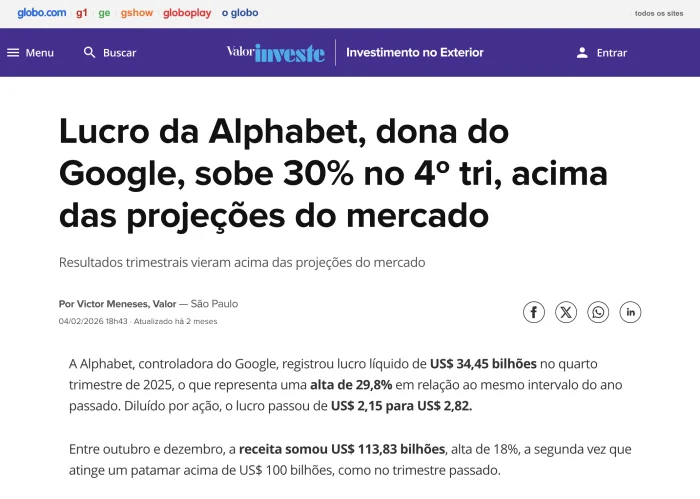 Manchete: Lucro da Alphabet, dona do Google, sobe 30% no 4º trimestre — Valor Investe
