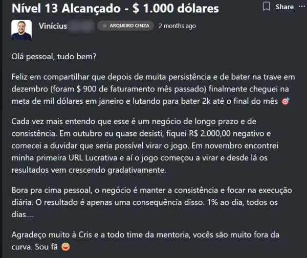 Aluno atingiu $1K após perseverar