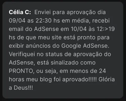 Célia — AdSense aprovado em 24h