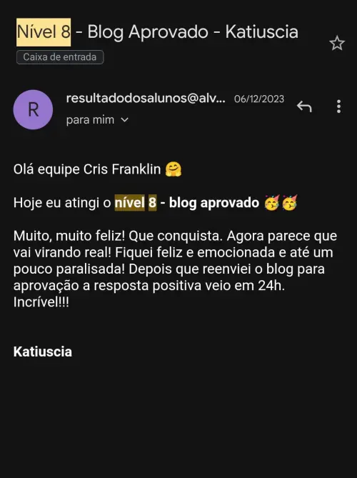 Katiuscia — blog aprovado em 24h